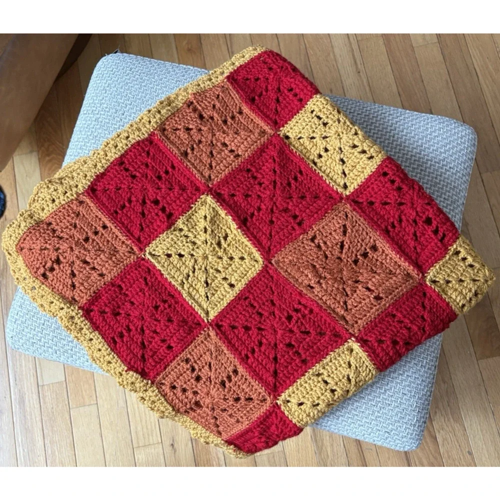 Handmade Crochet Granny Square Patchwork Baby Blanket Retro Red Brown 35